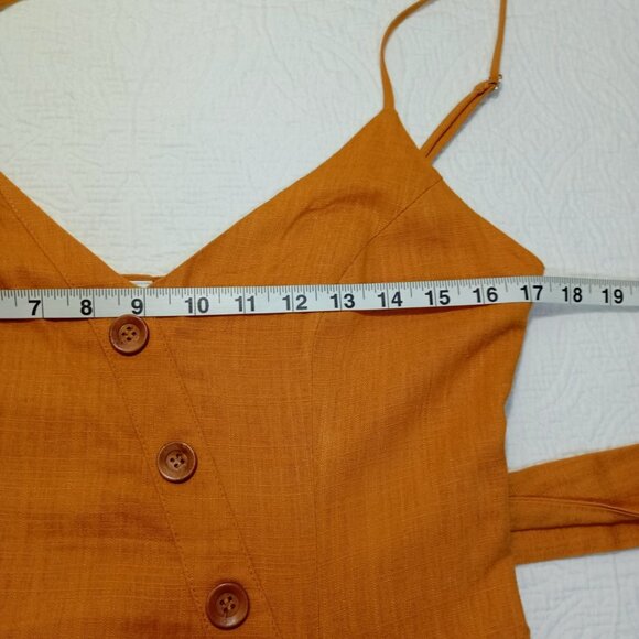 Selfie Leslie Midi Dress Mustard  Spaghetti Straps Button Details Belted Waist M - Picture 10 of 13